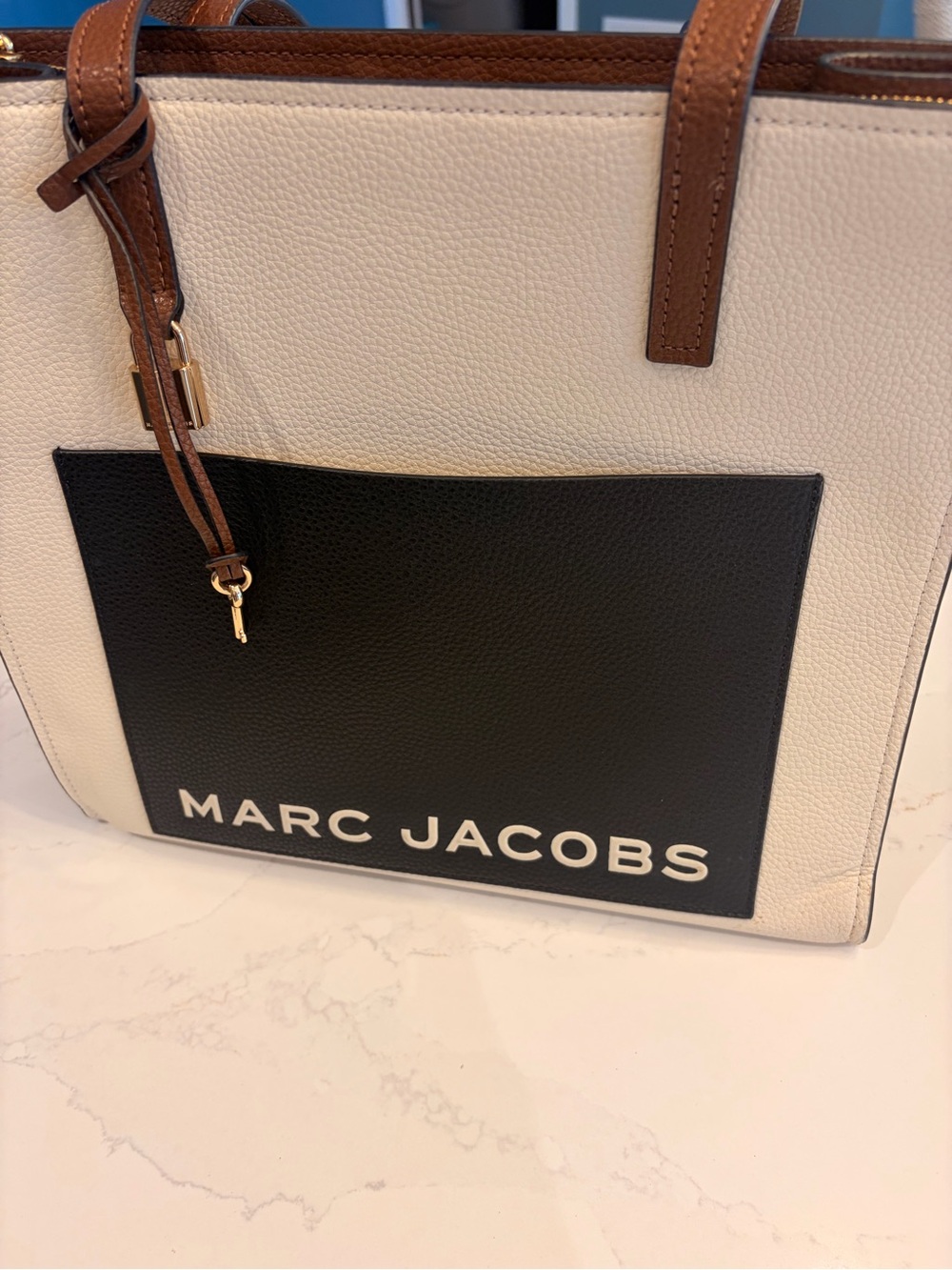 Marc Jacobs Cream Grind Tote with Black Front Pocket and Brown Straps